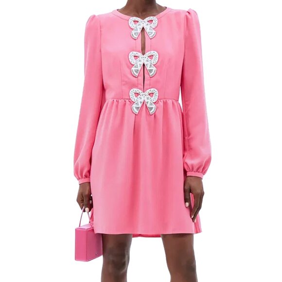 Saloni Camille Crystal Bows Mini Dress Bubblegum Hot Pink Beaded Pearl US 6 - Picture 1 of 16